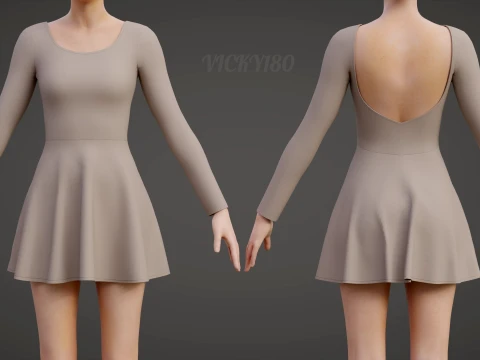 Womens Long Sleeve Open Back Skater Dress 3D Clothing Asset - Short Flare Dress 3D Model