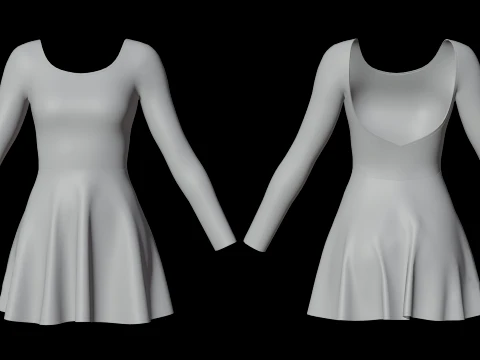 Womens Long Sleeve Open Back Skater Dress 3D Clothing Asset - Short Flare Dress 3D Model