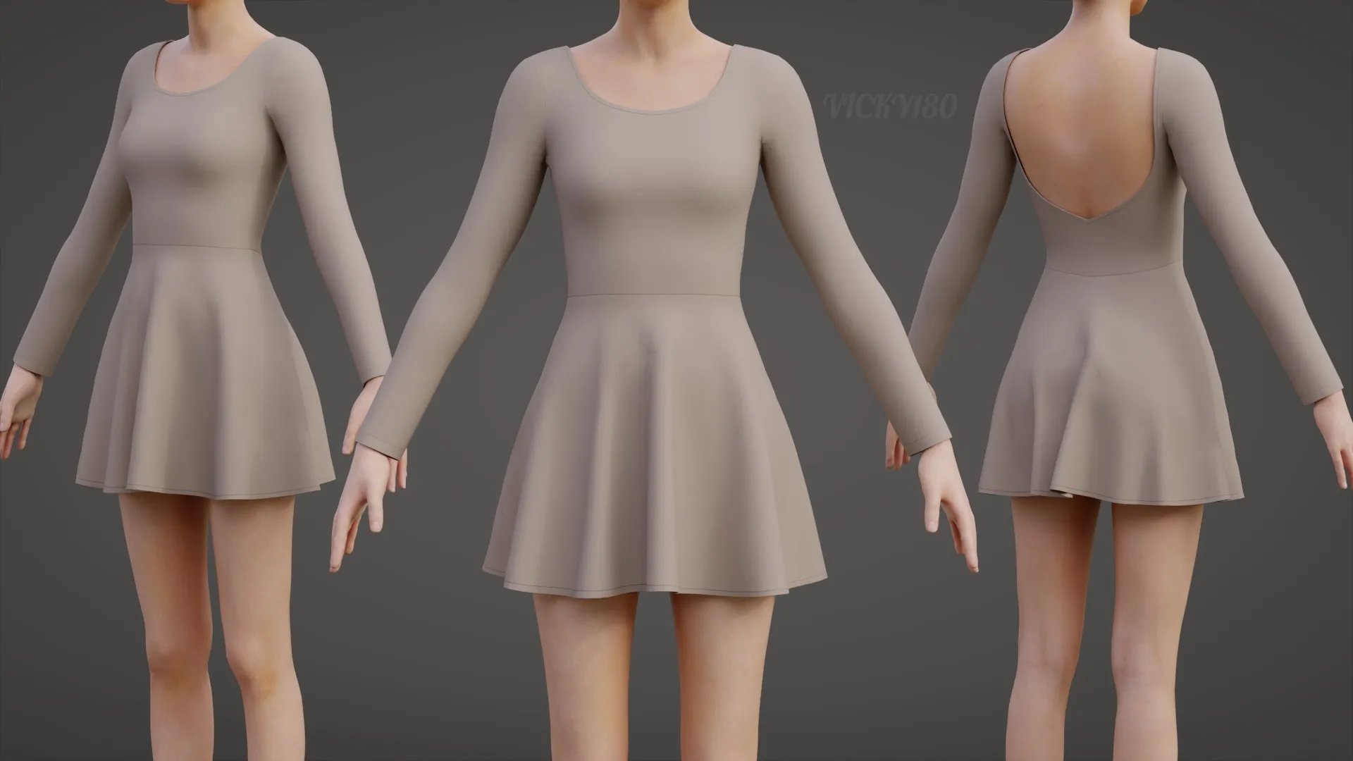 Womens Long Sleeve Open Back Skater Dress 3D Clothing Asset - Short Flare Dress 3D Model .c4d .max .obj .3ds .fbx .stl .blend 