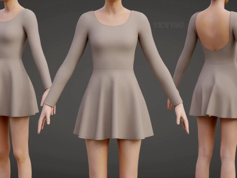 Womens Long Sleeve Open Back Skater Dress 3D Clothing Asset - Short Flare Dress 3D Model