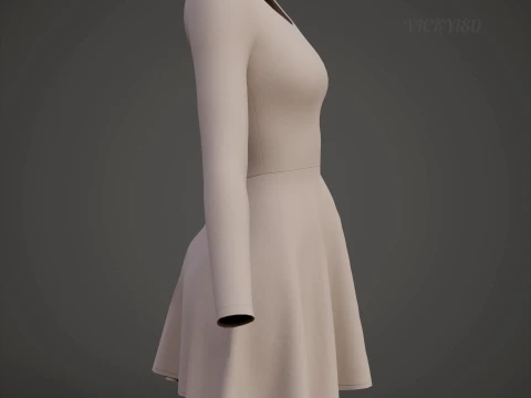 Womens Long Sleeve Open Back Skater Dress 3D Clothing Asset - Short Flare Dress 3D Model