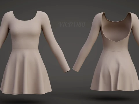 Womens Long Sleeve Open Back Skater Dress 3D Clothing Asset - Short Flare Dress 3D Model