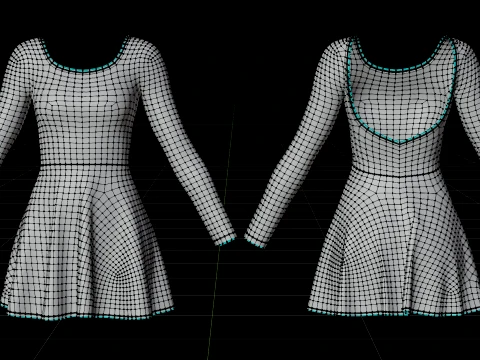 Womens Long Sleeve Open Back Skater Dress 3D Clothing Asset - Short Flare Dress 3D Model