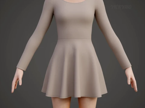 Womens Long Sleeve Open Back Skater Dress 3D Clothing Asset - Short Flare Dress 3D Model