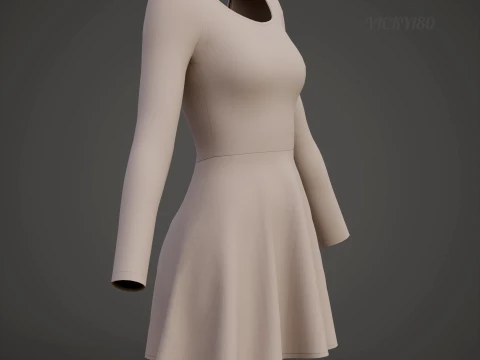 Womens Long Sleeve Open Back Skater Dress 3D Clothing Asset - Short Flare Dress 3D Model