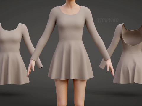 Womens Long Sleeve Open Back Skater Dress 3D Clothing Asset - Short Flare Dress 3D Model