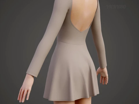 Womens Long Sleeve Open Back Skater Dress 3D Clothing Asset - Short Flare Dress 3D Model