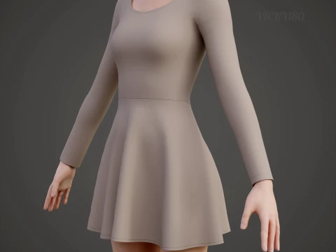 Womens Long Sleeve Open Back Skater Dress 3D Clothing Asset - Short Flare Dress 3D Model