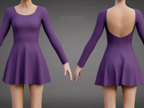Purple Long Sleeve Low Back Skater Dress 3D Clothing Outfit - Short Sportswear Dress 3D Model