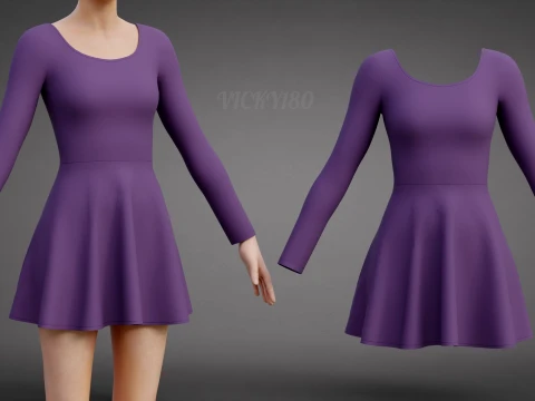 Abito da skater viola a maniche lunghe con schiena bassa Abito di abbigliamento 3D - Abito corto sportivo Modello 3D