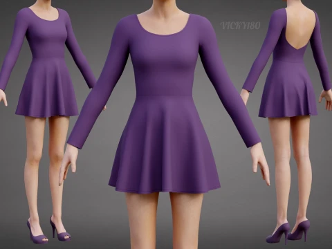Abito da skater viola a maniche lunghe con schiena bassa Abito di abbigliamento 3D - Abito corto sportivo Modello 3D