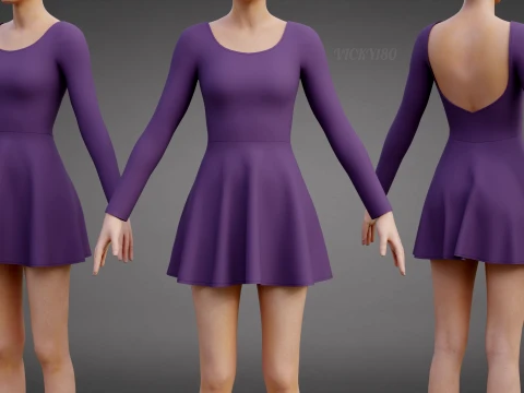 Abito da skater viola a maniche lunghe con schiena bassa Abito di abbigliamento 3D - Abito corto sportivo Modello 3D