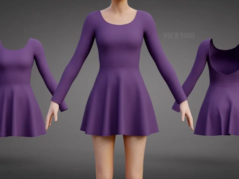 Abito da skater viola a maniche lunghe con schiena bassa Abito di abbigliamento 3D - Abito corto sportivo Modello 3D