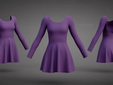Abito da skater viola a maniche lunghe con schiena bassa Abito di abbigliamento 3D - Abito corto sportivo Modello 3D