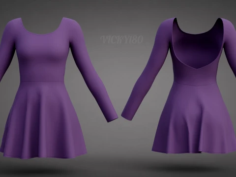 Abito da skater viola a maniche lunghe con schiena bassa Abito di abbigliamento 3D - Abito corto sportivo Modello 3D