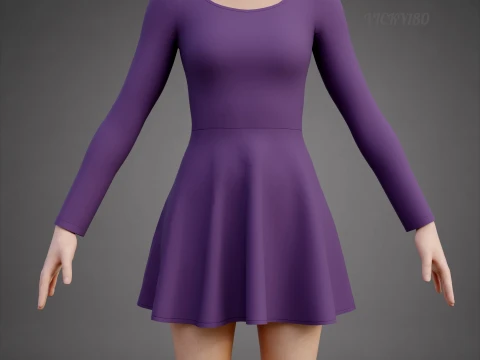 Abito da skater viola a maniche lunghe con schiena bassa Abito di abbigliamento 3D - Abito corto sportivo Modello 3D