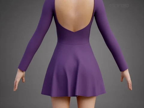 Abito da skater viola a maniche lunghe con schiena bassa Abito di abbigliamento 3D - Abito corto sportivo Modello 3D