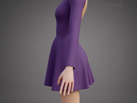 Abito da skater viola a maniche lunghe con schiena bassa Abito di abbigliamento 3D - Abito corto sportivo Modello 3D