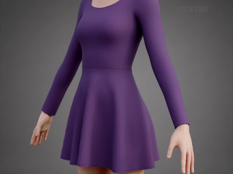 Abito da skater viola a maniche lunghe con schiena bassa Abito di abbigliamento 3D - Abito corto sportivo Modello 3D