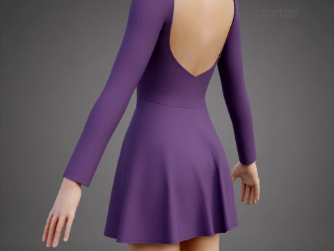 Abito da skater viola a maniche lunghe con schiena bassa Abito di abbigliamento 3D - Abito corto sportivo Modello 3D
