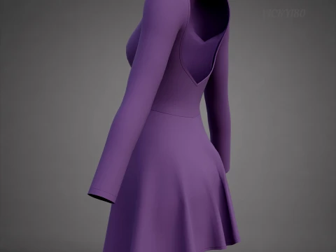 Abito da skater viola a maniche lunghe con schiena bassa Abito di abbigliamento 3D - Abito corto sportivo Modello 3D