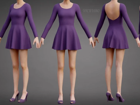 Abito da skater viola a maniche lunghe con schiena bassa Abito di abbigliamento 3D - Abito corto sportivo Modello 3D