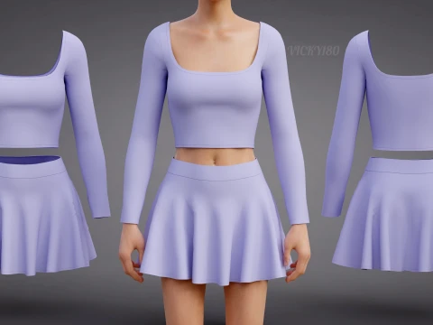 Square Neck Crop Top Circle Mini Skirt 3D Outfit - Two-Piece Sportswear Fashion Set 3D Model