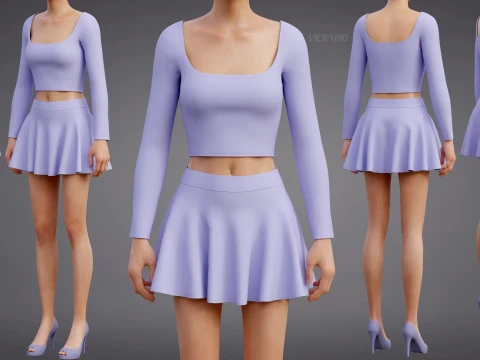 スクエアネッククロップトップサークルミニスカート3D衣装 - ツーピーススポーツウェアファッションセット 3Dモデル