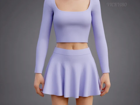 スクエアネッククロップトップサークルミニスカート3D衣装 - ツーピーススポーツウェアファッションセット 3Dモデル