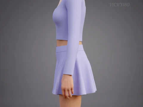 スクエアネッククロップトップサークルミニスカート3D衣装 - ツーピーススポーツウェアファッションセット 3Dモデル