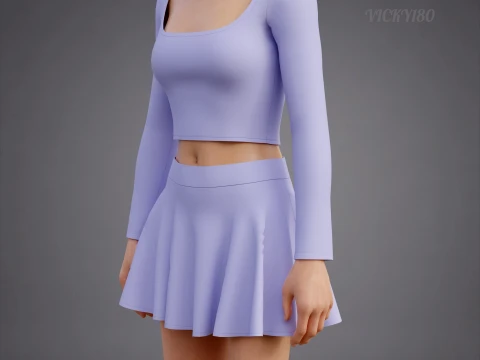 スクエアネッククロップトップサークルミニスカート3D衣装 - ツーピーススポーツウェアファッションセット 3Dモデル
