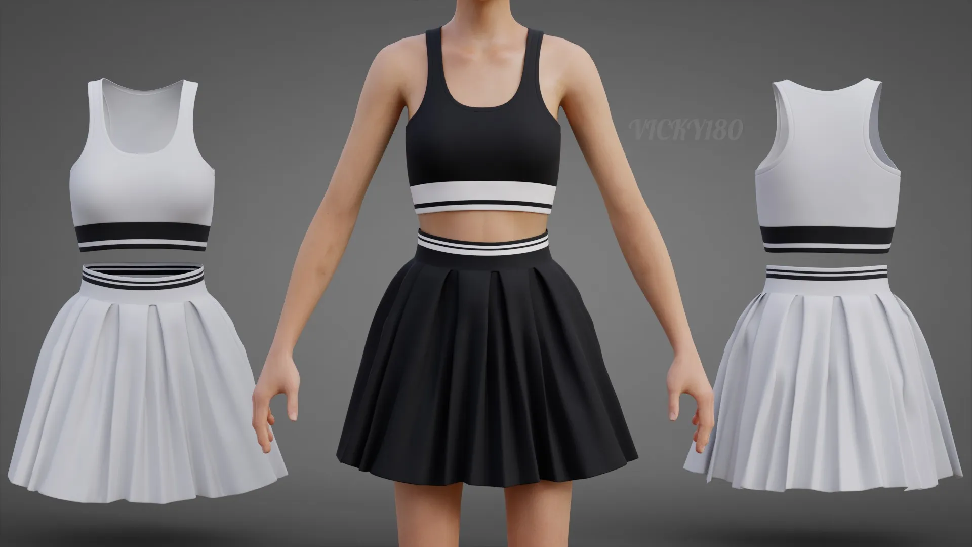Black and White Sports Wear Tennis Outfit Set Sports Bra Tank Top with Pleated Mini Skirt Clothing 3D Model .c4d .max .obj .3ds .fbx .stl .blend 