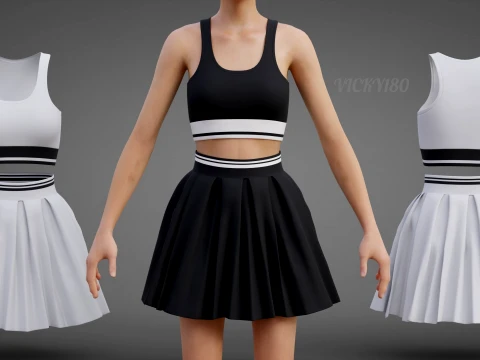 Black and White Sports Wear Tennis Outfit Set Sports Bra Tank Top with Pleated Mini Skirt Clothing 3D Model