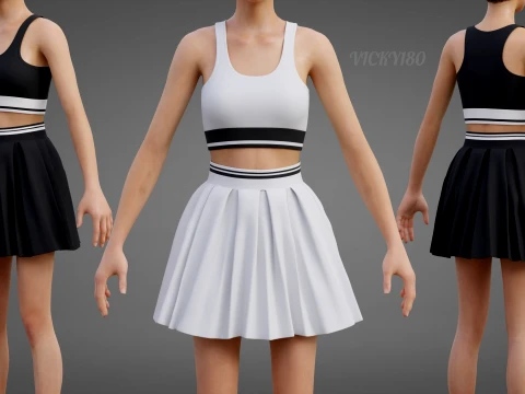 Black and White Sports Wear Tennis Outfit Set Sports Bra Tank Top with Pleated Mini Skirt Clothing 3D Model