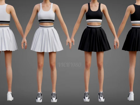 Black and White Sports Wear Tennis Outfit Set Sports Bra Tank Top with Pleated Mini Skirt Clothing 3D Model