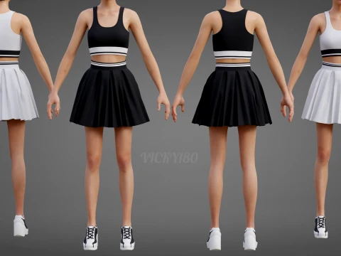 Black and White Sports Wear Tennis Outfit Set Sports Bra Tank Top with Pleated Mini Skirt Clothing 3D Model
