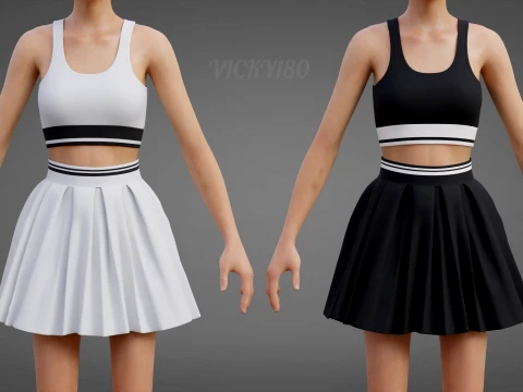 Black and White Sports Wear Tennis Outfit Set Sports Bra Tank Top with Pleated Mini Skirt Clothing 3D Model
