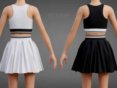 Black and White Sports Wear Tennis Outfit Set Sports Bra Tank Top with Pleated Mini Skirt Clothing 3D Model