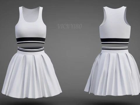 Black and White Sports Wear Tennis Outfit Set Sports Bra Tank Top with Pleated Mini Skirt Clothing 3D Model