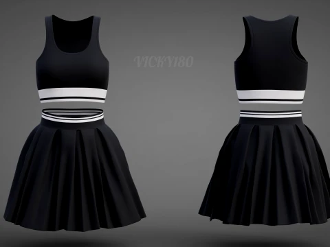 Black and White Sports Wear Tennis Outfit Set Sports Bra Tank Top with Pleated Mini Skirt Clothing 3D Model