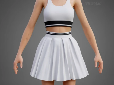 Black and White Sports Wear Tennis Outfit Set Sports Bra Tank Top with Pleated Mini Skirt Clothing 3D Model