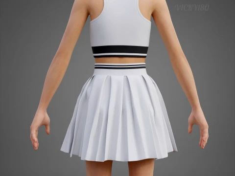 Black and White Sports Wear Tennis Outfit Set Sports Bra Tank Top with Pleated Mini Skirt Clothing 3D Model