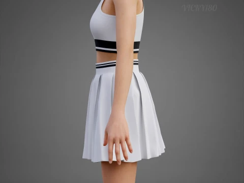 Black and White Sports Wear Tennis Outfit Set Sports Bra Tank Top with Pleated Mini Skirt Clothing 3D Model