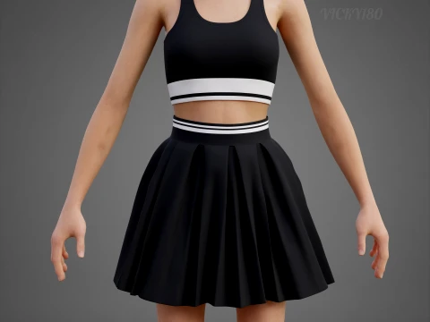 Black and White Sports Wear Tennis Outfit Set Sports Bra Tank Top with Pleated Mini Skirt Clothing 3D Model