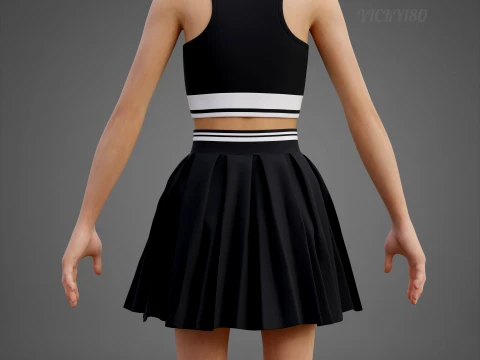 Black and White Sports Wear Tennis Outfit Set Sports Bra Tank Top with Pleated Mini Skirt Clothing 3D Model
