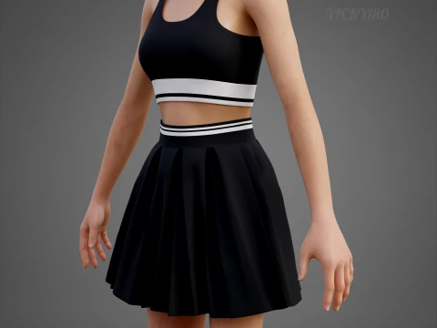 Black and White Sports Wear Tennis Outfit Set Sports Bra Tank Top with Pleated Mini Skirt Clothing 3D Model