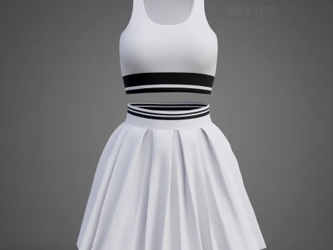 Black and White Sports Wear Tennis Outfit Set Sports Bra Tank Top with Pleated Mini Skirt Clothing 3D Model