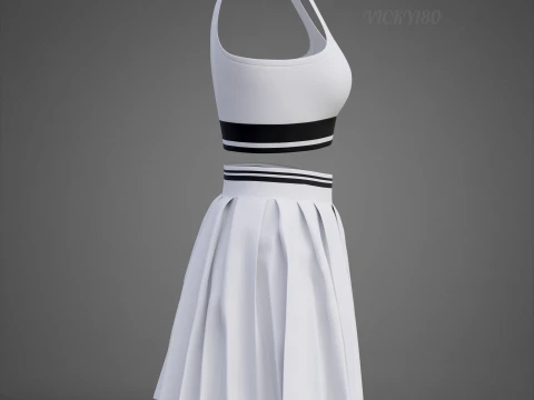 Black and White Sports Wear Tennis Outfit Set Sports Bra Tank Top with Pleated Mini Skirt Clothing 3D Model