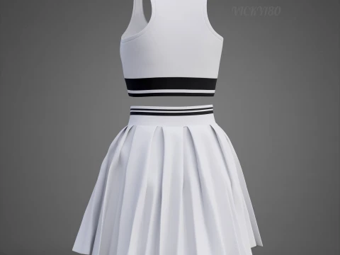 Black and White Sports Wear Tennis Outfit Set Sports Bra Tank Top with Pleated Mini Skirt Clothing 3D Model