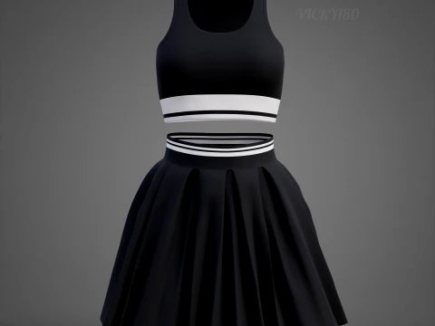 Black and White Sports Wear Tennis Outfit Set Sports Bra Tank Top with Pleated Mini Skirt Clothing 3D Model